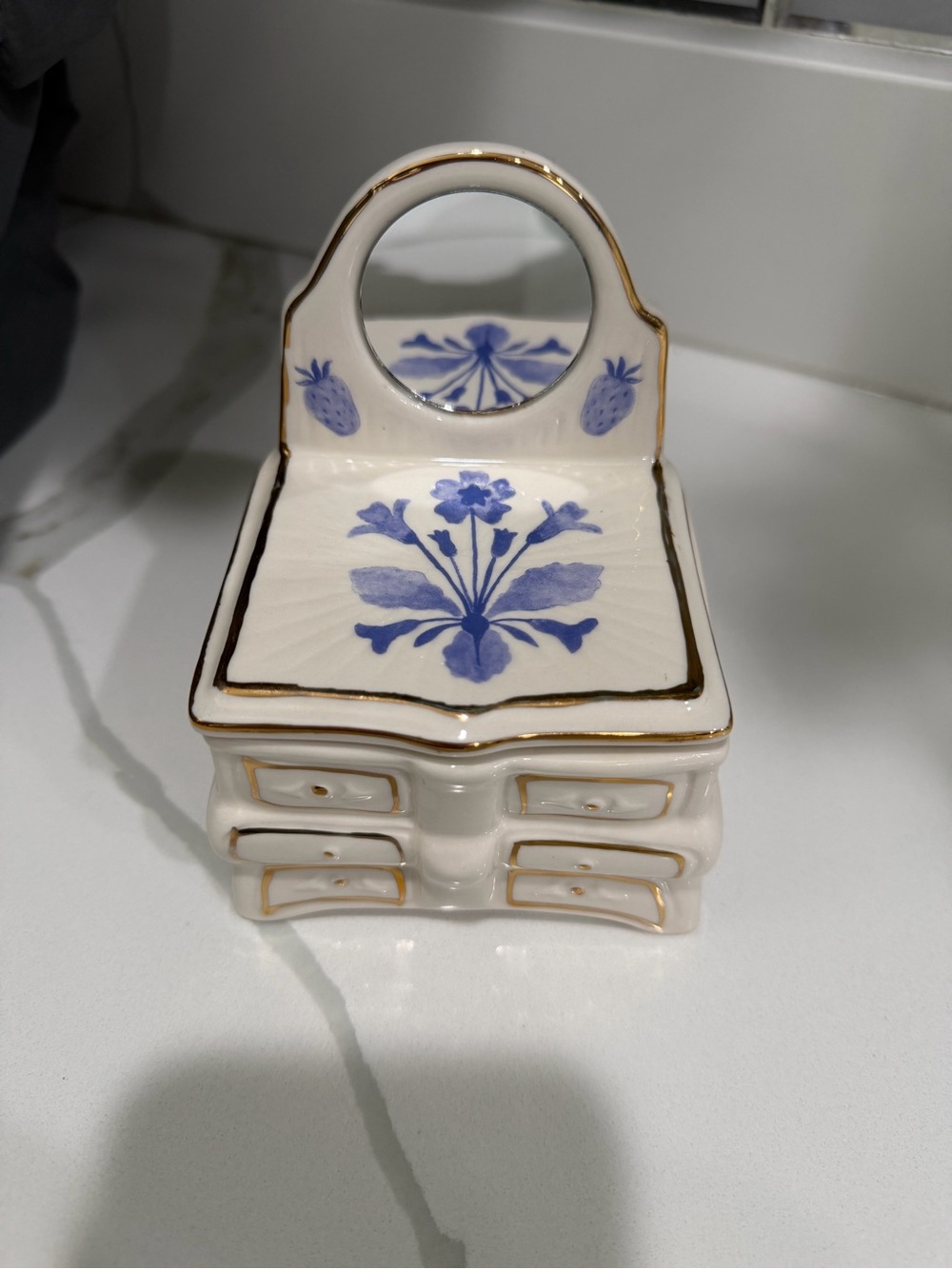 Blue Floral Porcelain Trinket Box with Mirror